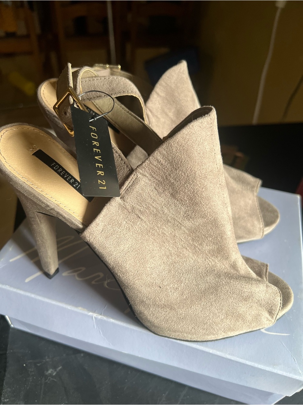 Forever 21 Taupe Open-Toe Suede Block Heel Sandals